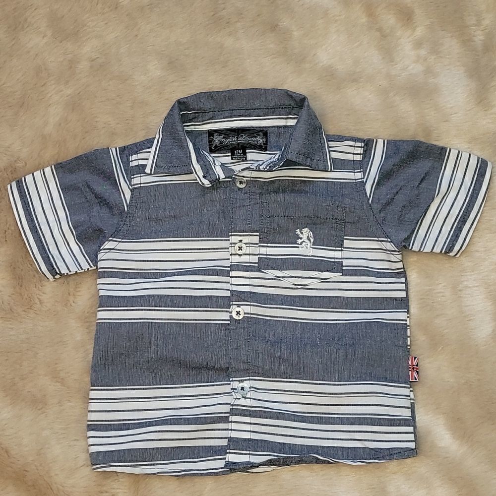 ENGLISH LAUNDRY GREY AND WHITE BUTTON-DOWN SHORT-SLEEVE SHIRT, SIZE 12 MONTHS